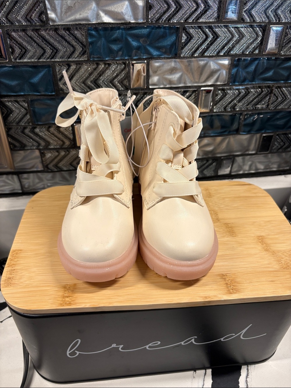 Cat & Jack Cream Ankle Booties with Pink Platform Sole